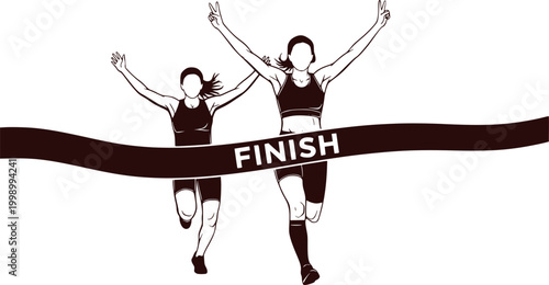 Black and white illustration of two faceless female runners crossing the finish line and celebrating victory