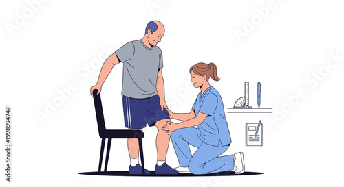 Physical therapist examines patient's knee during rehabilitation session in clinic