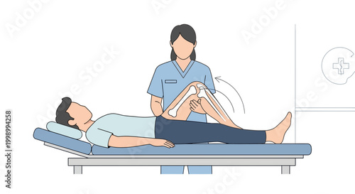 Physical therapist examines patient's knee joint, performing rehabilitation exercises on a medical bed.