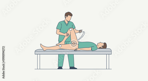 Physical therapist examining patient's knee with motion capture sensors on a medical table.