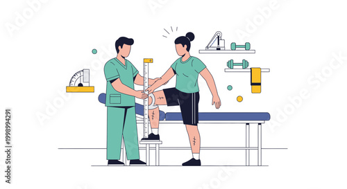 Physical therapist measures patient's knee range of motion during rehabilitation exercise