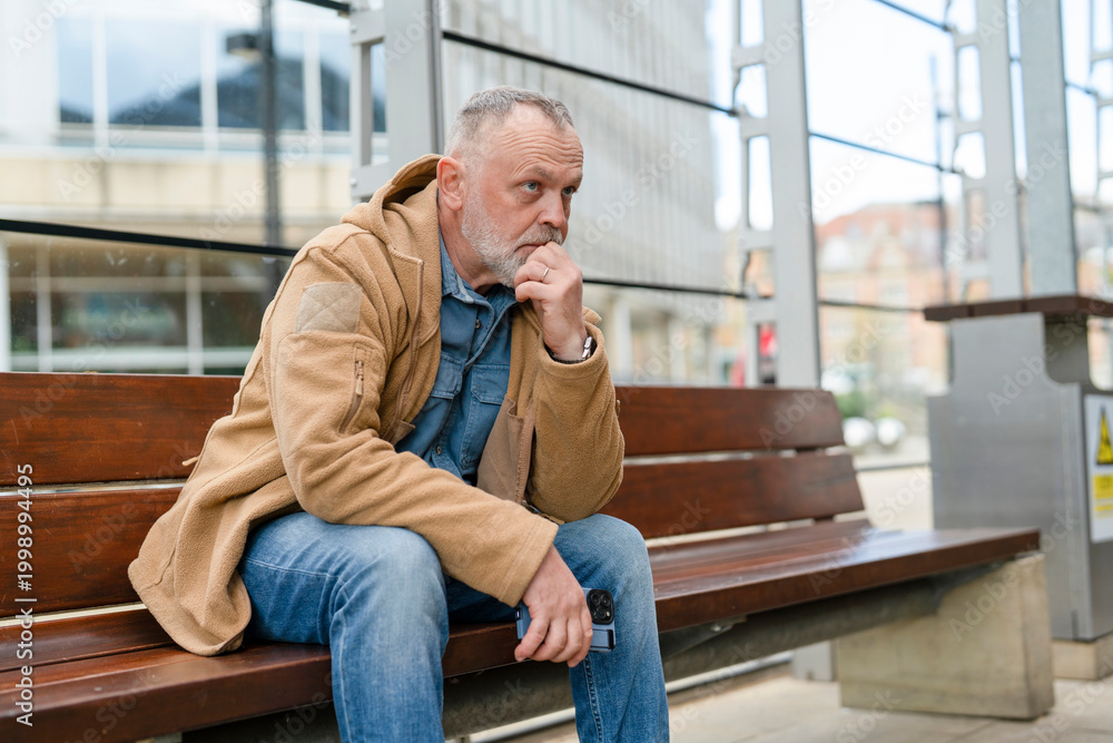 Fototapeta premium Man sits on a bench in urban area while waiting for transportation in the daytime 