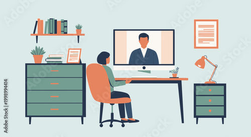 Woman working from home on video call with colleague, online meeting, remote work