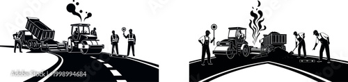 Silhouette workers building road with steamroller teamwork manual labor construction engineering asphalt pavement transport infrastructure highway project