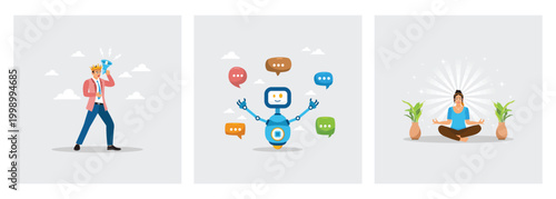 Boss Shouting on Megaphone. Blue robot talking with speech bubble. Mindfulness woman meditating.