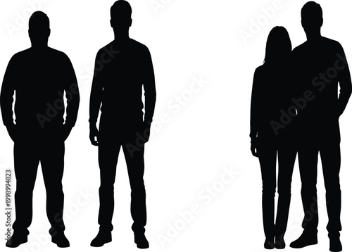 Minimalist silhouette illustration showing individuals standing apart and a couple together, symbolizing social dynamics, unity, and human connection