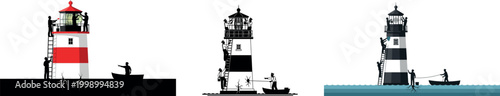 Silhouette workers building lighthouse tower with teamwork manual labor maritime construction engineering navigation beacon coastal structure project