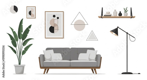 Modern Living Room Interior with Gray Sofa and Decorative Wall Art.