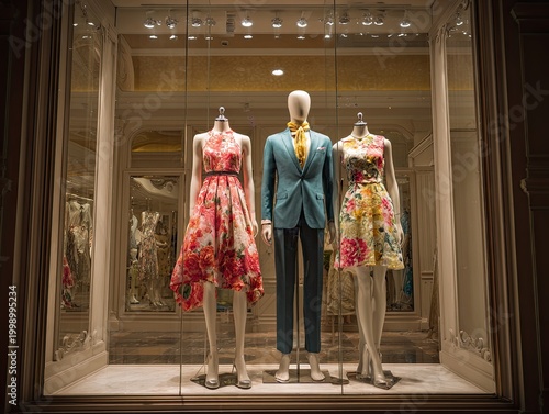 Mannequins in elegant store window display.