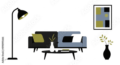 Modern Living Room Sofa with Cushions and Coffee Table.