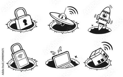 Modern Technology Icons Emerging from Hole Black Outline Vector Set