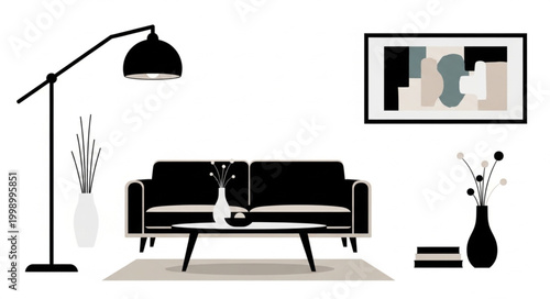 Modern Living Room Sofa with Floor Lamp and Vase.