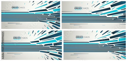 Entropy concept vector abstract background set with debris flying in chaos, destruction theme wallpaper, exploded pieces disorder 3D design