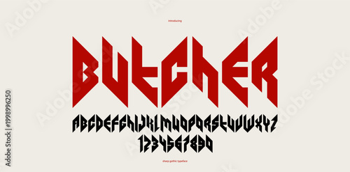 Sharp and bold gothic font for logo creation of for headlines, edgy geometric modern vector typeface, heavy metal and hard rock style alphabet with numbers.