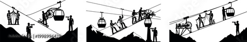 Silhouette workers building cable car system on mountain with teamwork manual labor engineering construction transport lift infrastructure project
