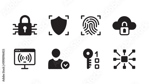 Cybersecurity Icons Set Lock Shield Fingerprint Network Security Vector Technology Background