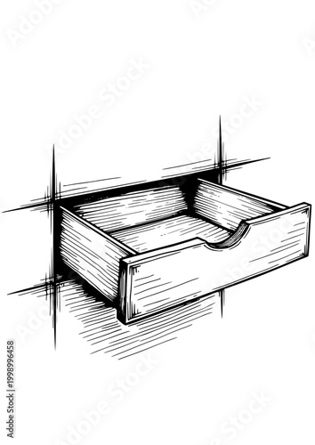 Empty drawer illustration on a wall, minimalist design, monochrome style