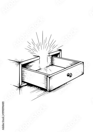 Drawer with glowing light emerging from it in a simplistic design