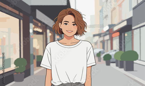 Young Woman Walking on Urban Shopping Street Illustration