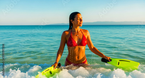 Woman in red bikini holding yellow flippers stands in the ocean. She relaxes in turquoise water during golden hour. Tropical summer travel concept, ideal for beach lifestyle and holiday marketing.