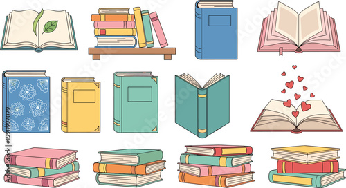 Cute book collection hand drawn reading and literature icons vector illustration for education library study and learning design