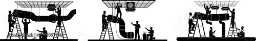 Silhouette workers installing satellite dish antenna on rooftop with teamwork manual labor technical engineering construction equipment signal structure
