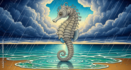 Ornate seahorse illustration standing in shallow ocean water during a rainstorm. Intricate patterns decorate the creature against dramatic clouds. Marine art for coastal decor and branding.