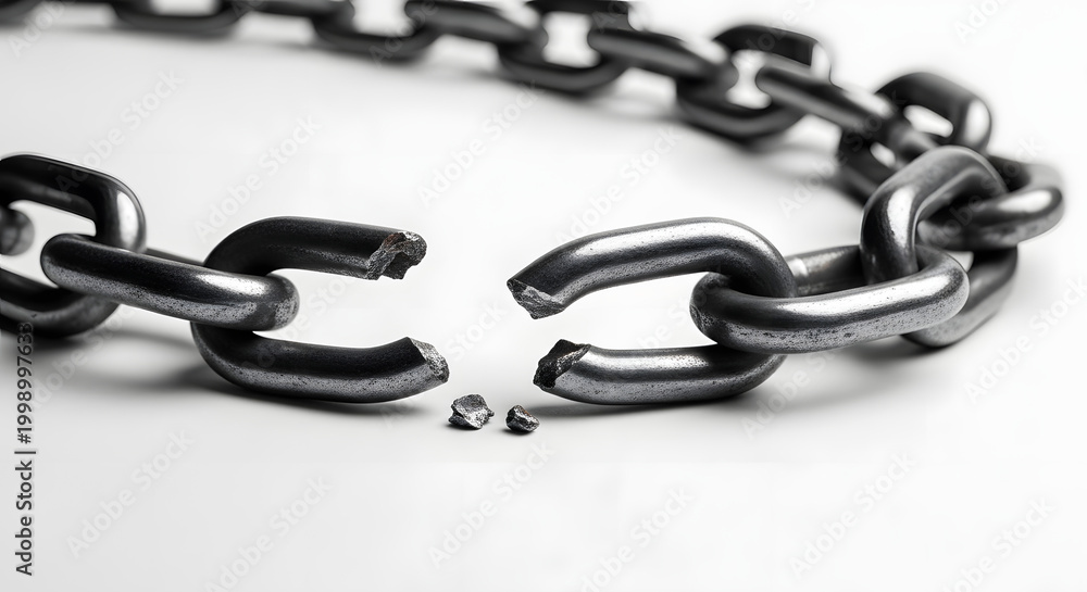 Fototapeta premium Broken chain symbol of freedom weakness or disconnection on white background