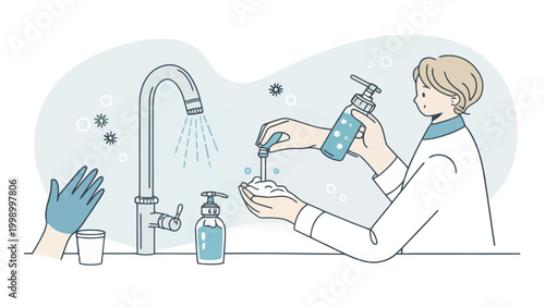 Person washing hands with soap and water at a sink with a bottle
