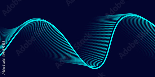 Modern abstract vector with flowing turquoise gradient wave lines on dark blue background, perfect for tech, digital, and futuristic designs.