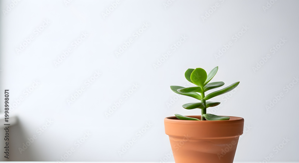 Obraz premium Small succulent plant in a terracotta pot against a bright blurred background
