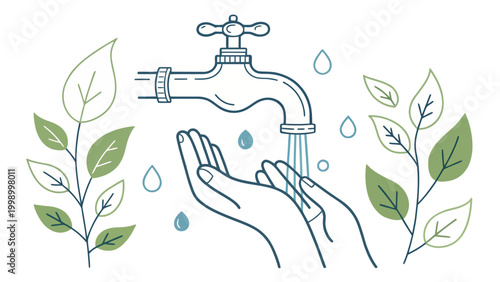 Hands under a faucet with water and green leaves around