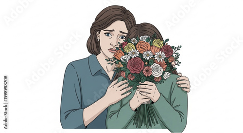 Mother comforting daughter with flowers expressing empathy and support illustration for emotional concepts
