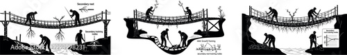 Silhouette workers constructing wooden bridge over river with teamwork carrying planks crossing framework engineering construction laborers building infrastructure