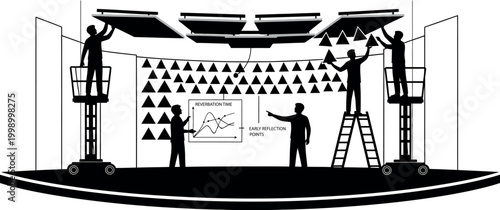 Silhouette workers installing stage lights on theater rigging with ladders and platforms for event production crew setting up equipment
