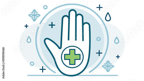 Medical hand symbol with green cross and blue medical icons around it