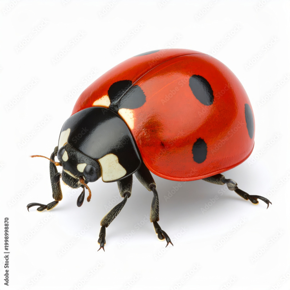 Fototapeta premium Ladybug isolated on white background, close-up macro view of red spotted beetle with glossy shell and black legs