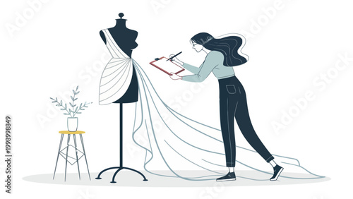 Fashion designer creating a dress on a mannequin with a clipboard