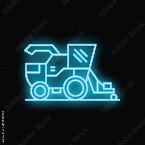 Blue neon icon of a combine harvester working on a black background, agricultural machinery concept