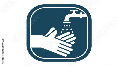 Hand washing icon with faucet and hands under running water