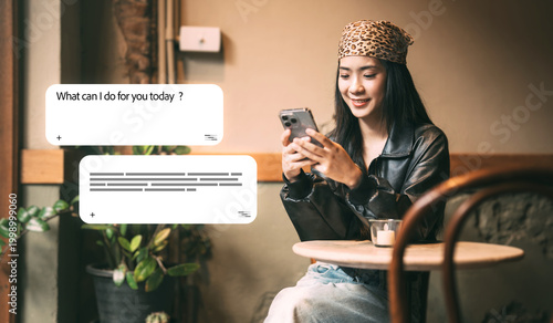 Obraz na plátně Enjoy young asian woman gen z using smartphone assistance ai chatbot browsing in