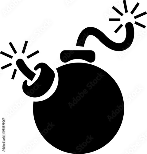 Bomb explosive weapon danger icon in black flat style featuring grenade, dynamite, blast, detonation synonym elements for hazard, warning and military design use