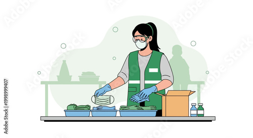 Healthcare worker packing medical supplies, face mask, gloves, and sanitizer for distribution