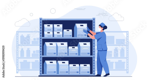 Healthcare worker organizing medical supplies in a warehouse storage facility.