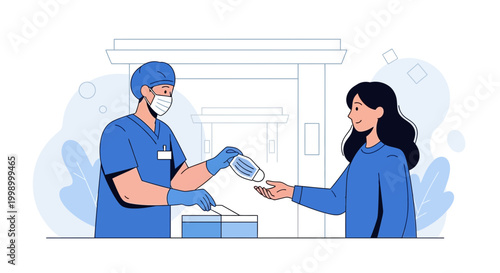 Healthcare worker sanitizing a woman's hands with a mask at a checkpoint