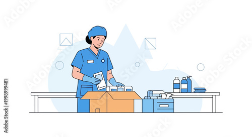 Healthcare worker packing medical supplies in a box for donation or distribution