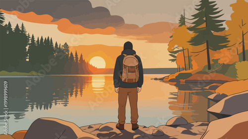 Solo Hiker Enjoying Sunset Over Forest Lake