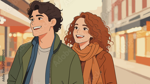 Happy Young Couple Walking on Downtown Street