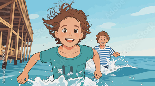 Two cheerful boys playing and running in shallow seawater