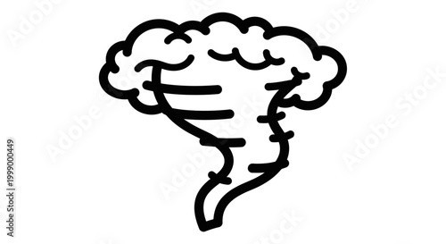 A black line drawing of a cartoon tornado with clouds